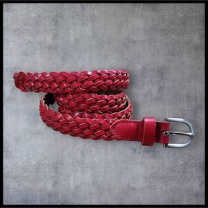 J. Crew Genuine Leather Braided Weave Belt Adjustable Buckle Medium Large Red